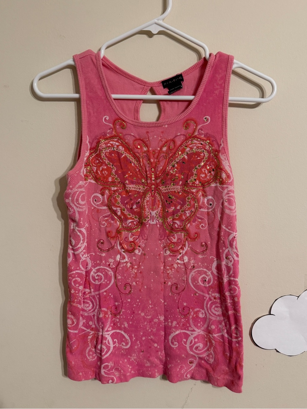 Vintage Y2K 2000s FANG Pink Butterfly Sequins Racerback Tank Top XL